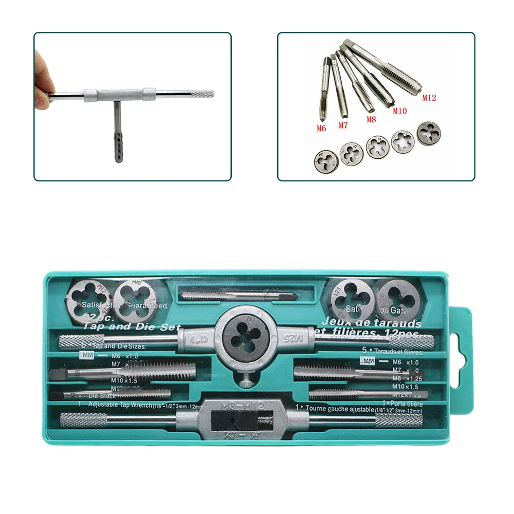 

12pc/set Hand Taps Metric Handle Tap and Die Set M3-M12 Adjustable Wrench Screw Thread Plugs Straight Taper Drill Repair Kit