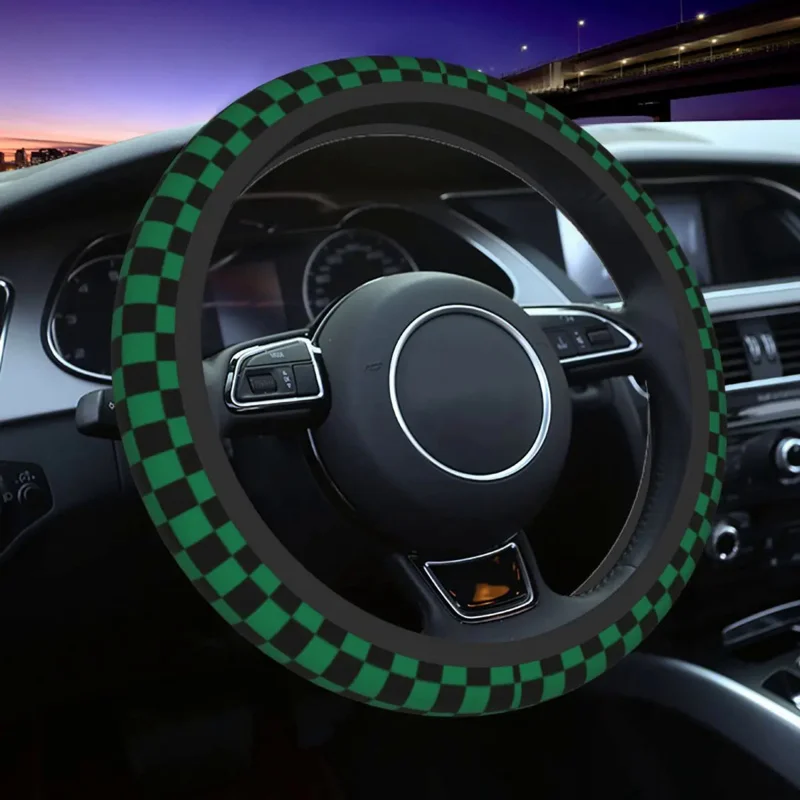 

Black And Cadmium Green Checkerboard Auto Car Cover Geometric Universal 15 inch Steering Wheel Protector for SUV