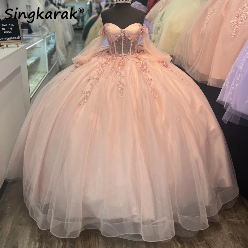 

Pink Shiny Princess Quinceanera Dress With Bow Appliques Beads Crystal Birthday Prom Sweet 16 Gown Vestidos De 15 Años Lace-Up
