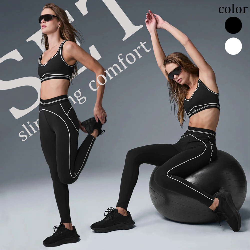 Yoga Set Leggings Women Yoga Tops Sports Bra High Waisted Seamless Leggings with Padded Stretchy Sports Bra Gym Suit Stripe