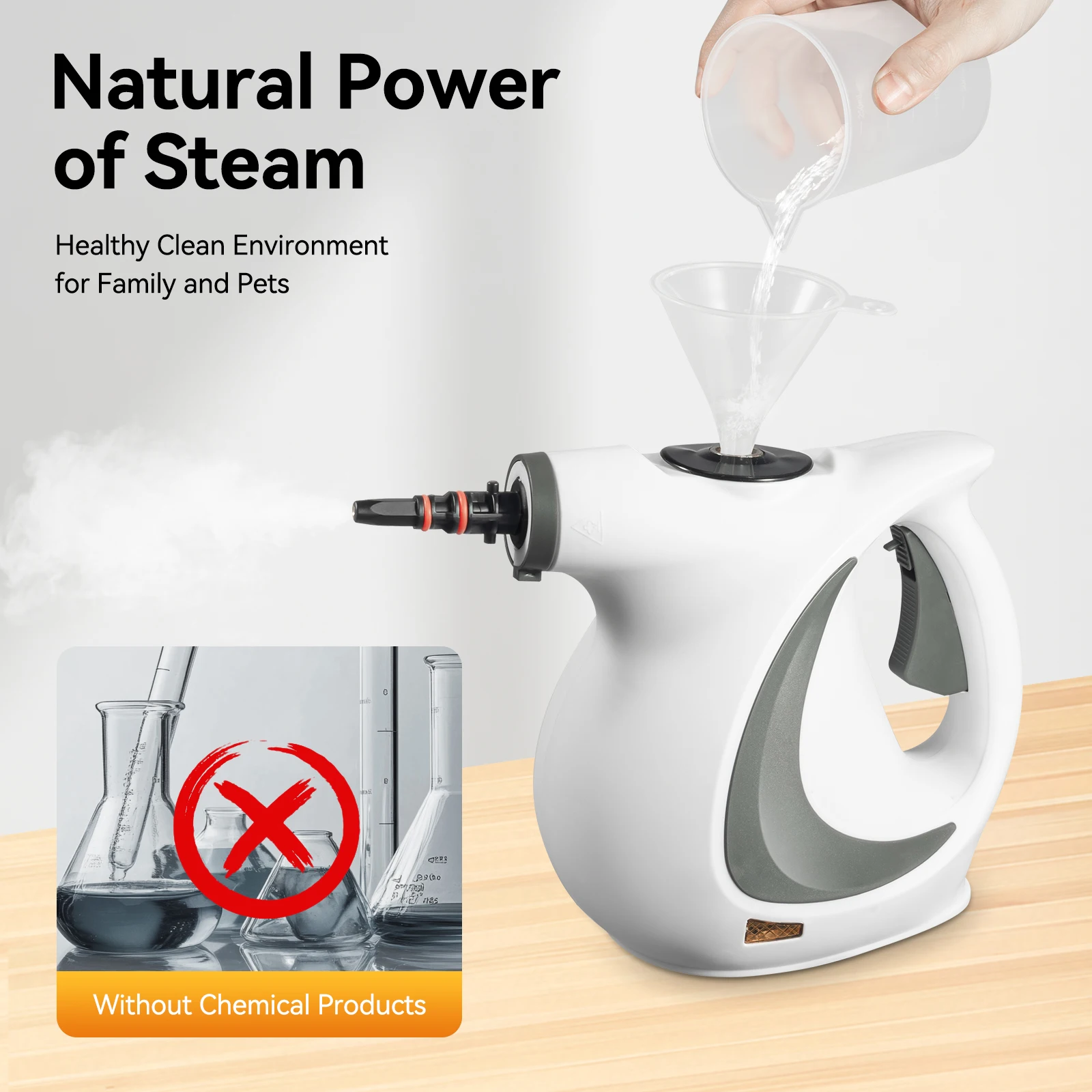Steam cleaner demonstration on kitchen surfaces