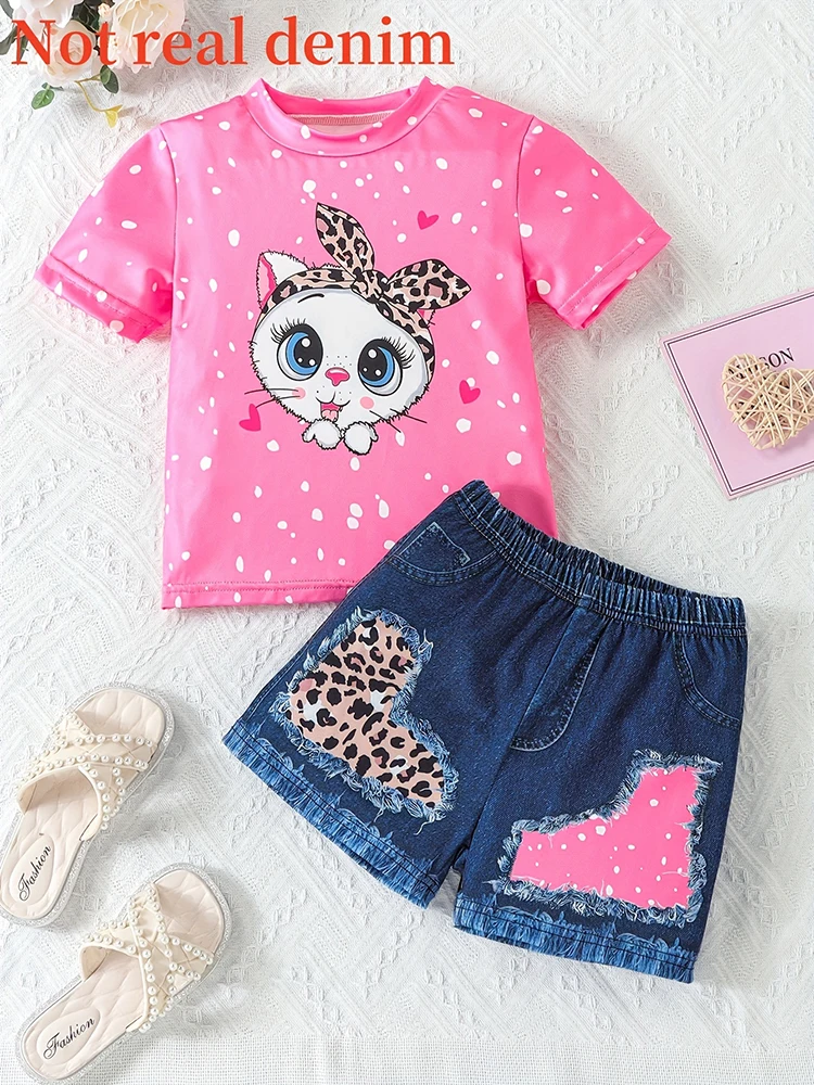 Kids clothing set 2pcs Summer Girls' Short-sleeved Casual Holiday Bow Kitten Print Children's Suit