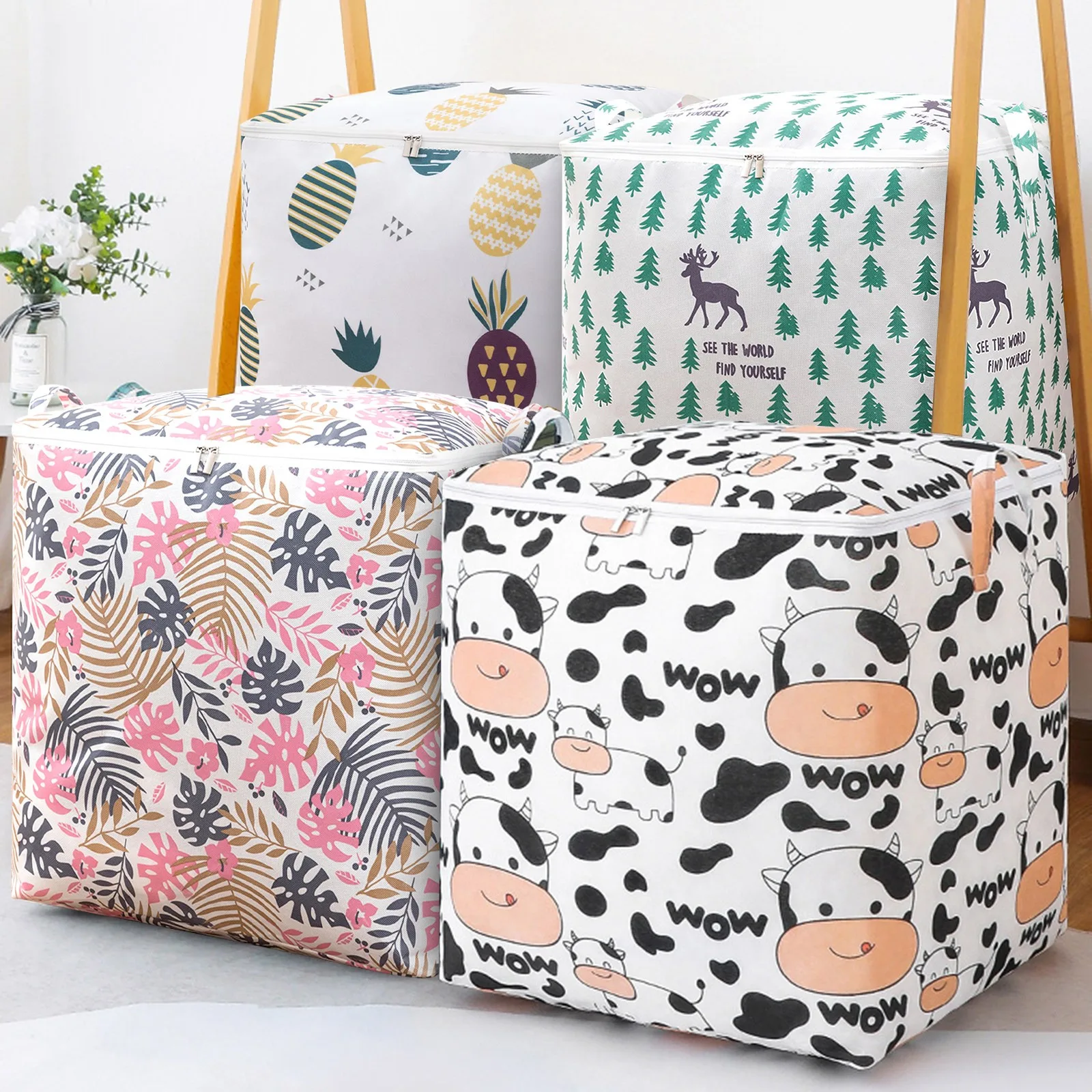 Cartoon Quilt Storage Bag Thicken Waterproof Dustproof Clothes Toy Storage Organizer Wardrobe Organizer Home Supplies