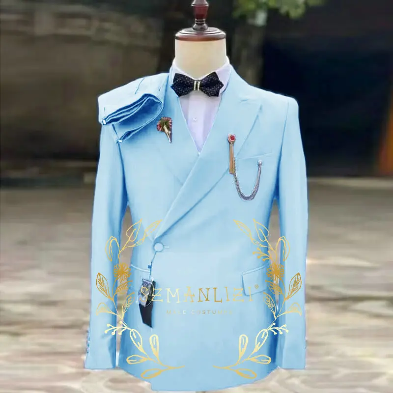 최신 디자인 블루 슬림 핏 더블 브레스트 남성 정장, 웨딩 신랑 턱시도 정장, 최고의 무도회 파티 블레이저 바지