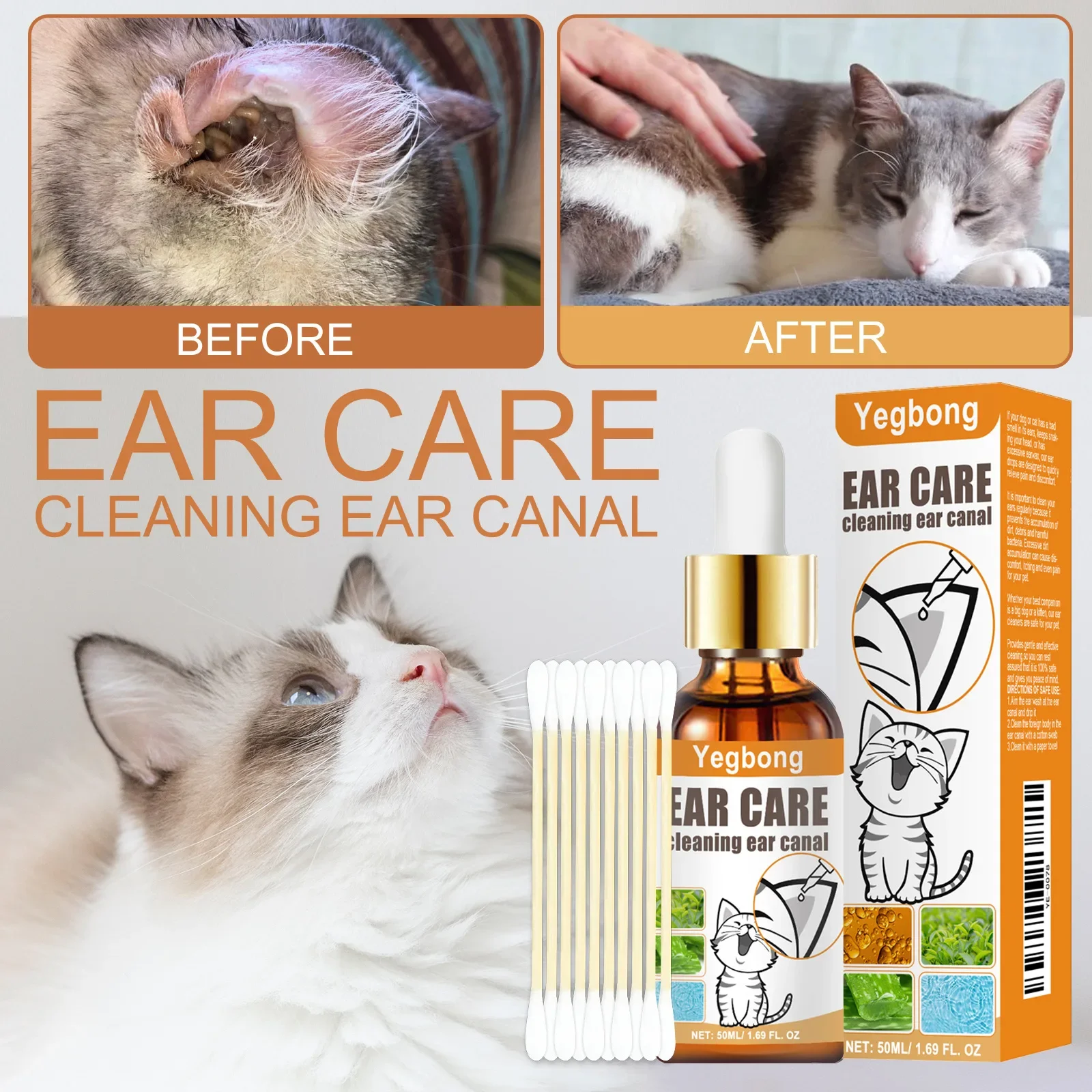 Pet Ear Cleaner with Cotton Swab, Cat and Dog Ear Mite Removal, Itching Relief, Cleaning Drops, Canal Deodorization