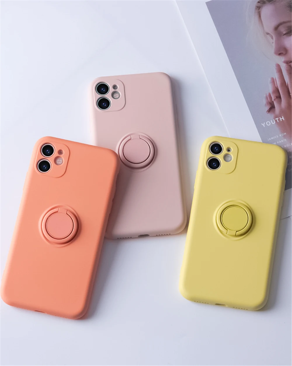 Luxury Ring Holder Magnetic Liquid Silicone Frame Phone Cover with Air Strap Case