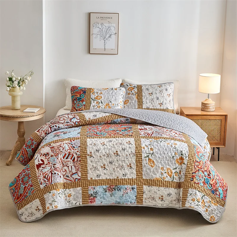 Bedding Set Mattress Topper Printed Bedspread Quilted Bedspread Set Soft Microfiber Thick Bed Cover + Pillowcase European Flower Patchwork King