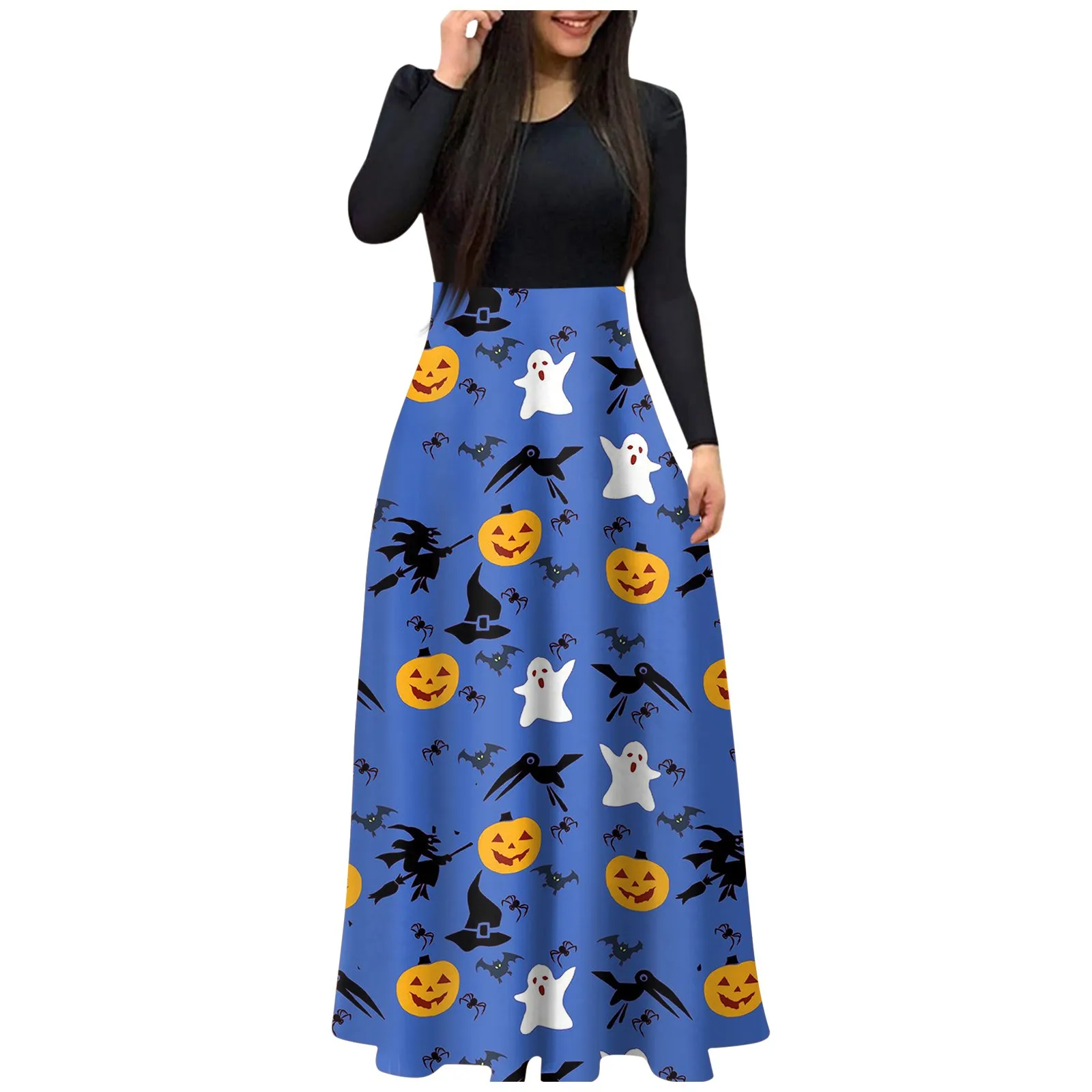

Halloween Dress Women Funny Print Long Dress Vintage Elegant Round Neck Long Sleeve Dress Autumn Loose Casual Female Dress