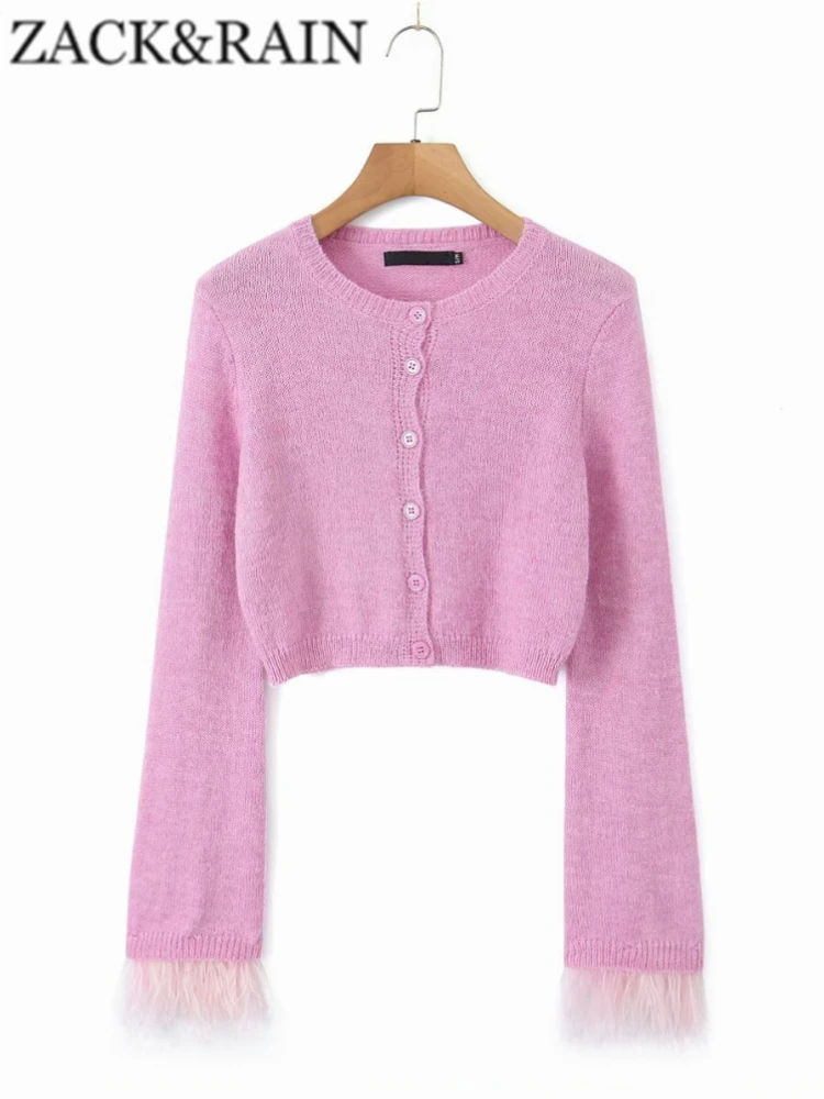 

ZACK RAIN Single-breasted Knit Cardigan For Women 2023 Summer Vintage O Neck Long Feather Sleeves Sweaters Female Crop Knitwears