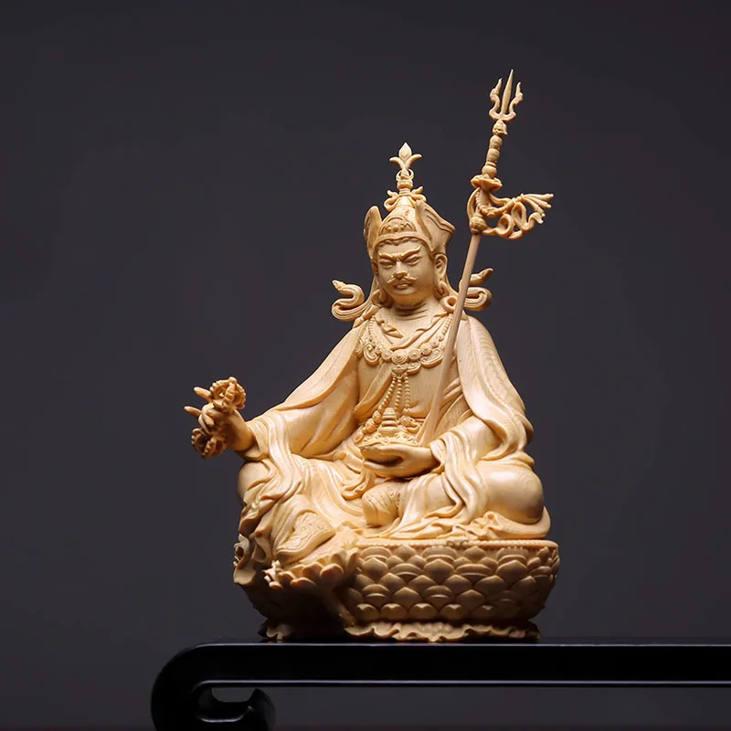 Wood Carved Padmasambhava Statue Guru Rinpoche Tibetan Buddhism Sculpture for Home or Shrine Decor