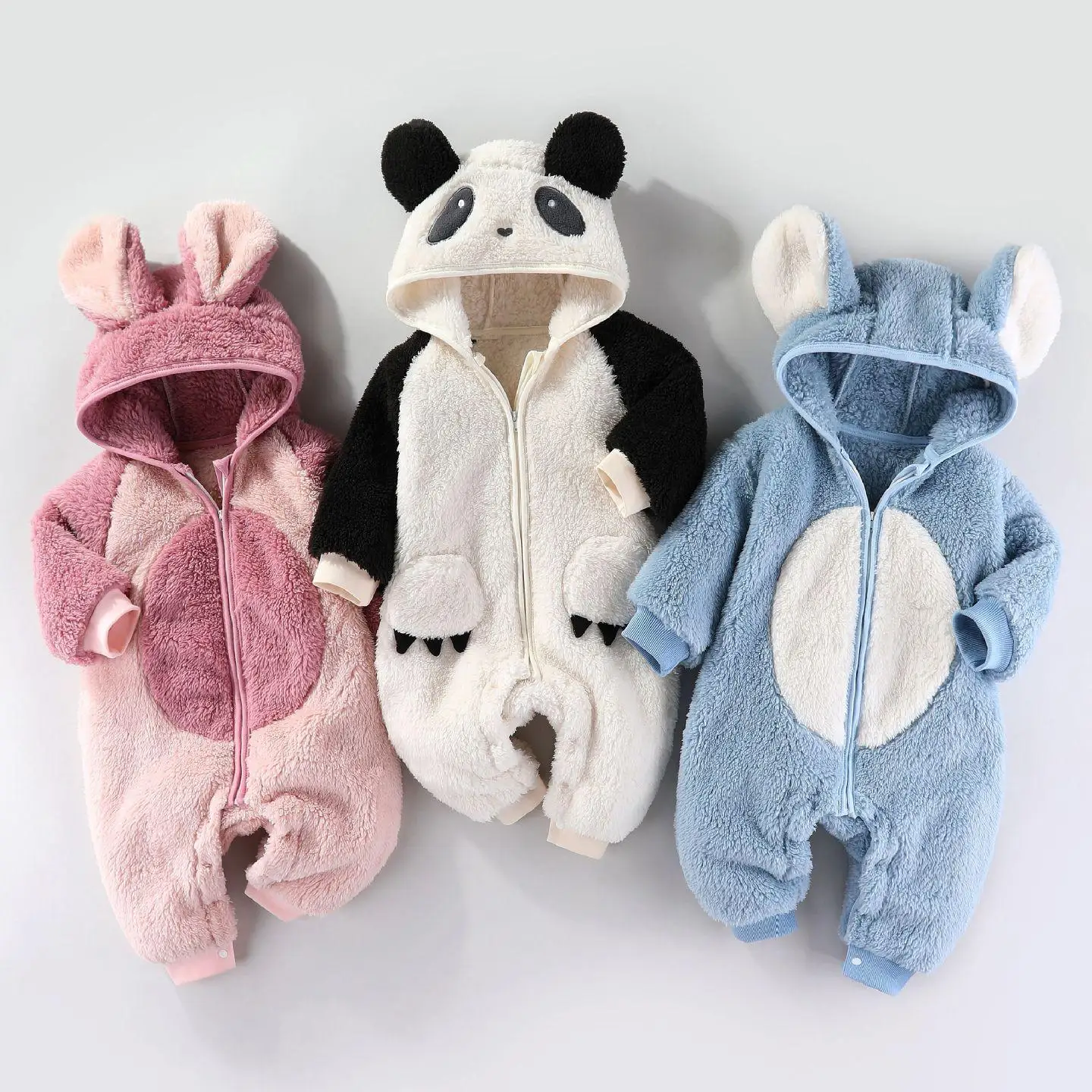 Autumn Winter Baby Clothes Boy Girl Cartoon Thicken Plus Velvet Zipper Hooded Romper Infant Warm One-piece Fashion Kid Jumpsuit 1