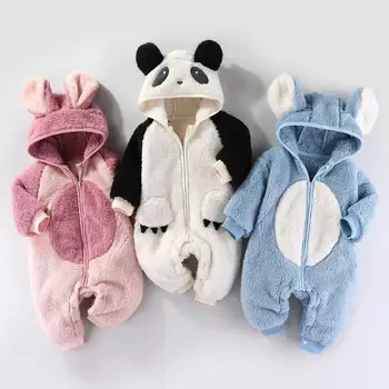 Autumn Winter Baby Clothes Boy Girl Cartoon Thicken Plus Velvet Zipper Hooded Romper Infant Warm One-piece Fashion Kid Jumpsuit 1