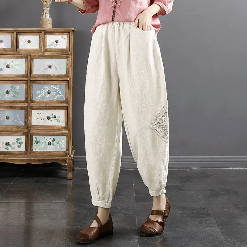 Elegant Fashion Harajuku Slim Fit Female Clothes Loose Casual Sport All Match Cropped Pants High Waist Cotton Linen Trousers