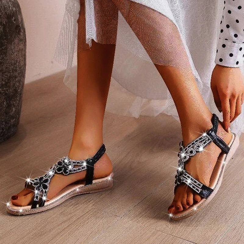 Woman Sandals Rhinestone Open Toe Fashion Female Shoes Solid Color Summer Open Toe Beach Sandalias Non-Slip Chaussure Femme women shoes women sandals