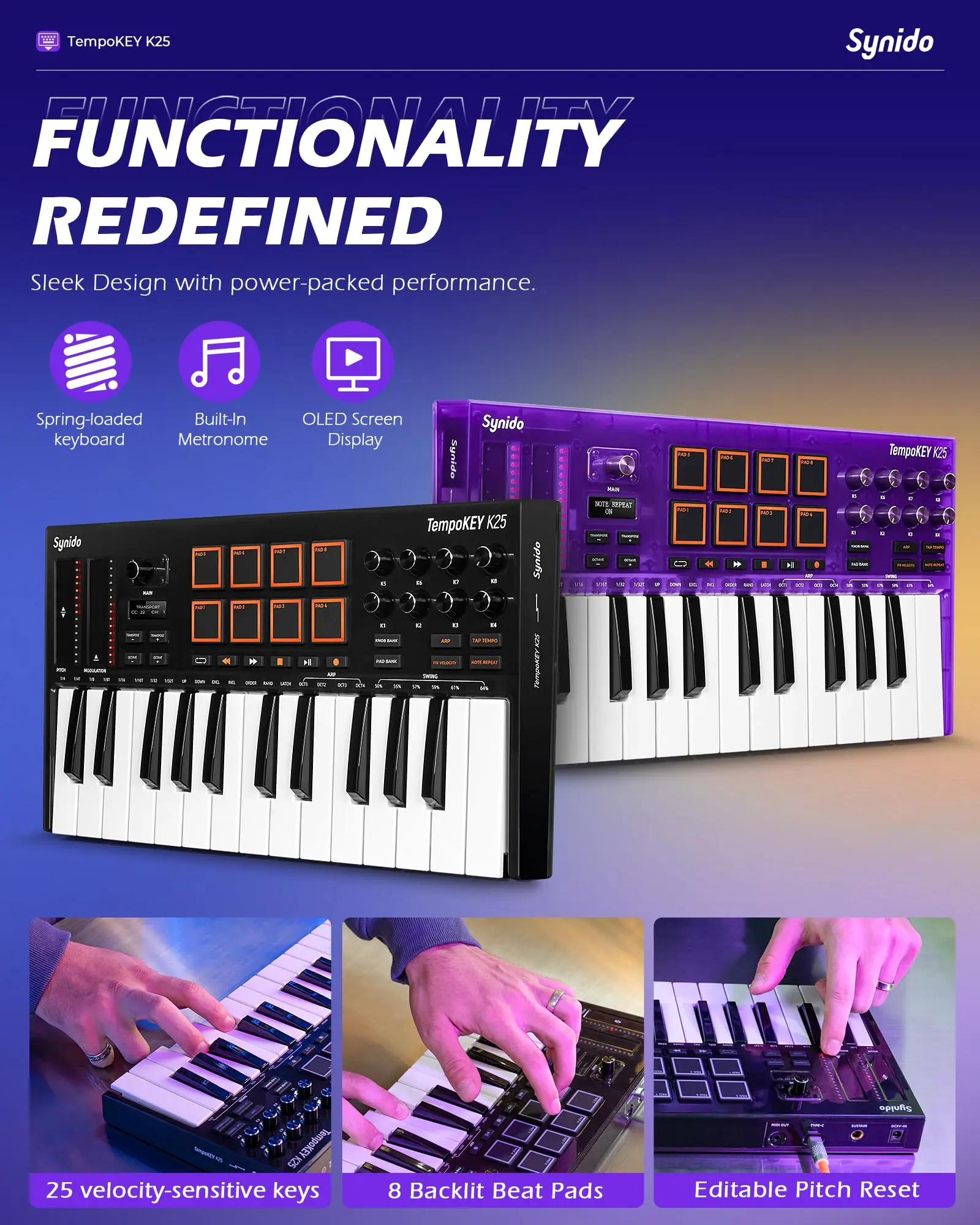 Synido Tempokey K25 MIDI Keyboard Band Accompaniment Arranger Portable MIDI Controller