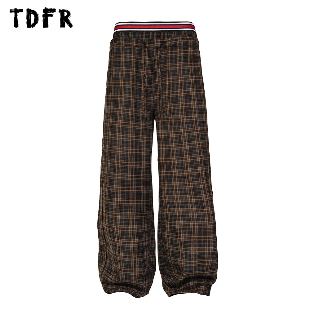 Plaid Casual Pants Mens Pocket Retro Streetwear Elastic Waist Loose Straight Wide leg Trousers Men
