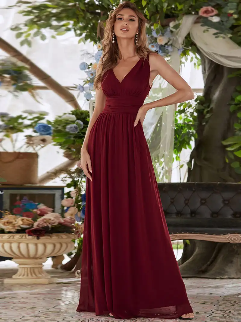 Elegante Avondjurken Dubbele V-Hals Mouwloze Maxi Vloerlengte 2024 Baziiingaaa Van Bordeauxrode, Effen Chiffon Prom Damesjurk