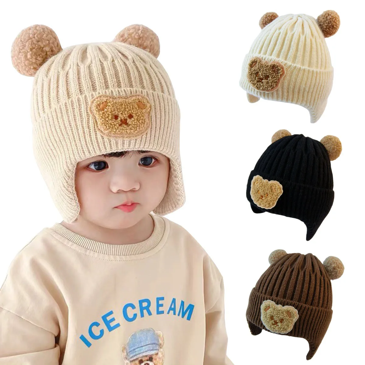 WinterBabyBeanieCapCartoonBearEarProtectionKnittedHatfor