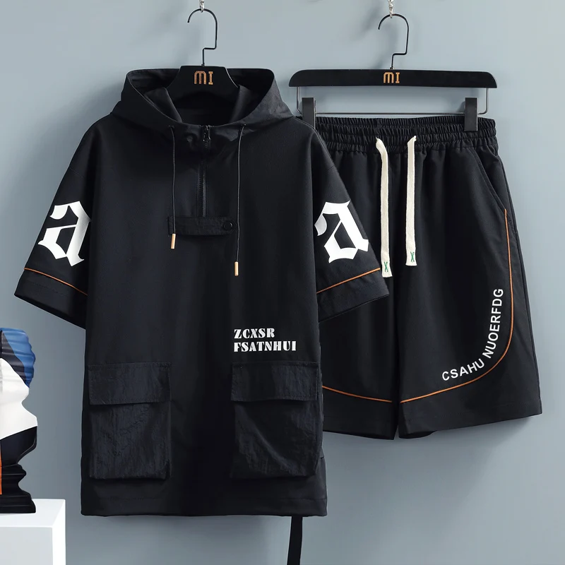 2 Pcs/Set Men Tracksuit Short Sleeve Hoodies+Pants Hooded Elastic Waist Summer Hip Hop Sweatshirt Sweatpants Loose Set 3