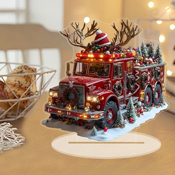 2D Red Truck Acrylic Christmas Ornaments with Deer Antlers for Tree Decorations Home Bedroom Living Room Tabletop Holiday Gifts 1