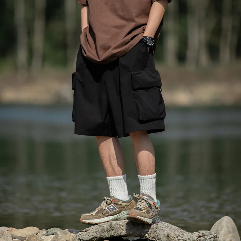 Dimensional large pocket loose work shorts casual elastic rope sports capris cargo sweatpants shorts men
