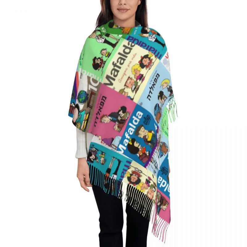 

Women's Tassel Scarf Mafalda Cartoon Long Winter Fall Shawl and Wrap Anime Reversible Cashmere Scarf