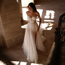 Qanz Leg Slit Dotted Tulle Wedding Dress A-line For Women Sweetheart Short Sleeves Vestidos De Novia Sweep Train Bridal Gowns