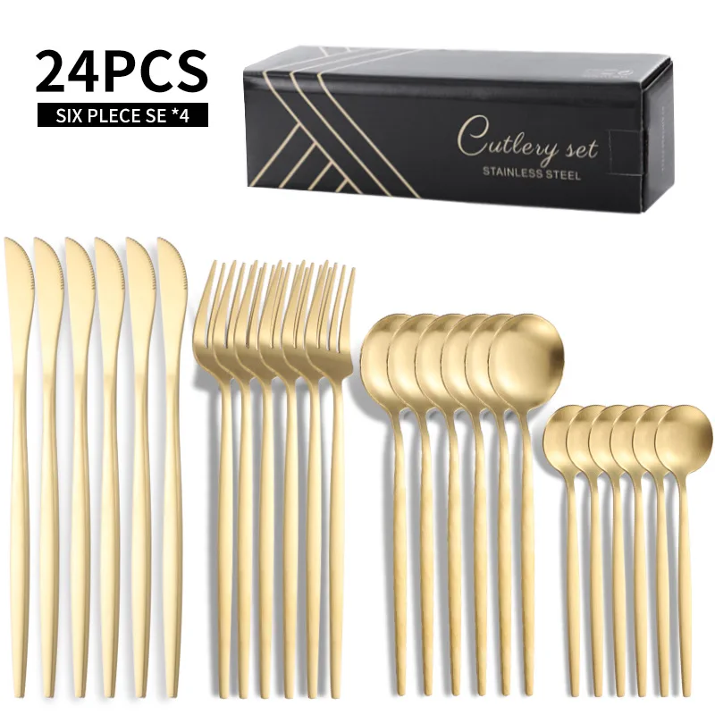 24pcs Gold Dinnerware Set Stainless Steel Tableware Set Knife Fork