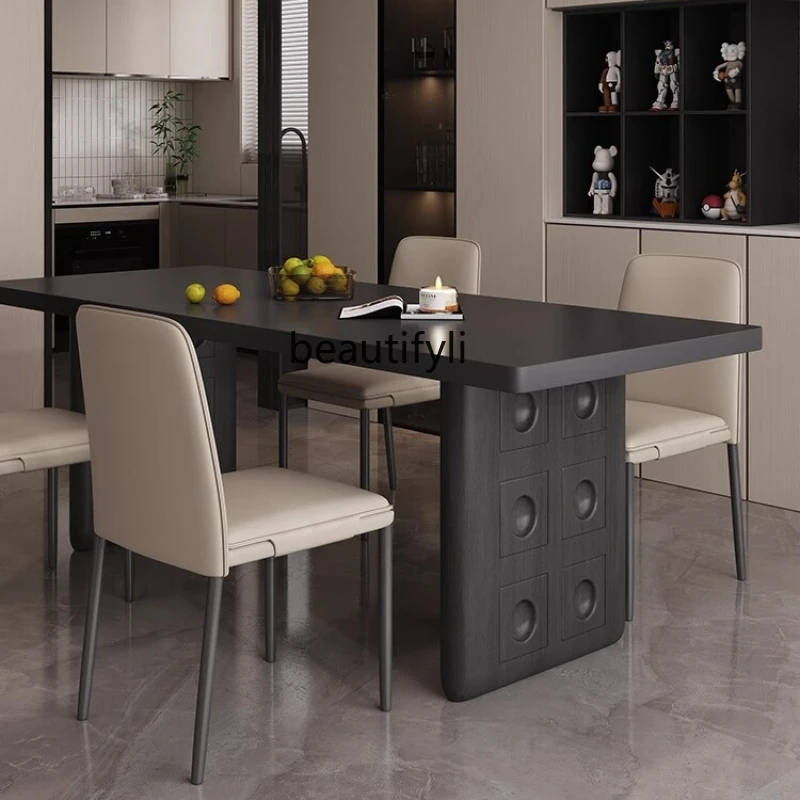 

French Vintage Style Black Stone Plate Dining Table Solid Wood Rectangular Household Dining Table and Chair
