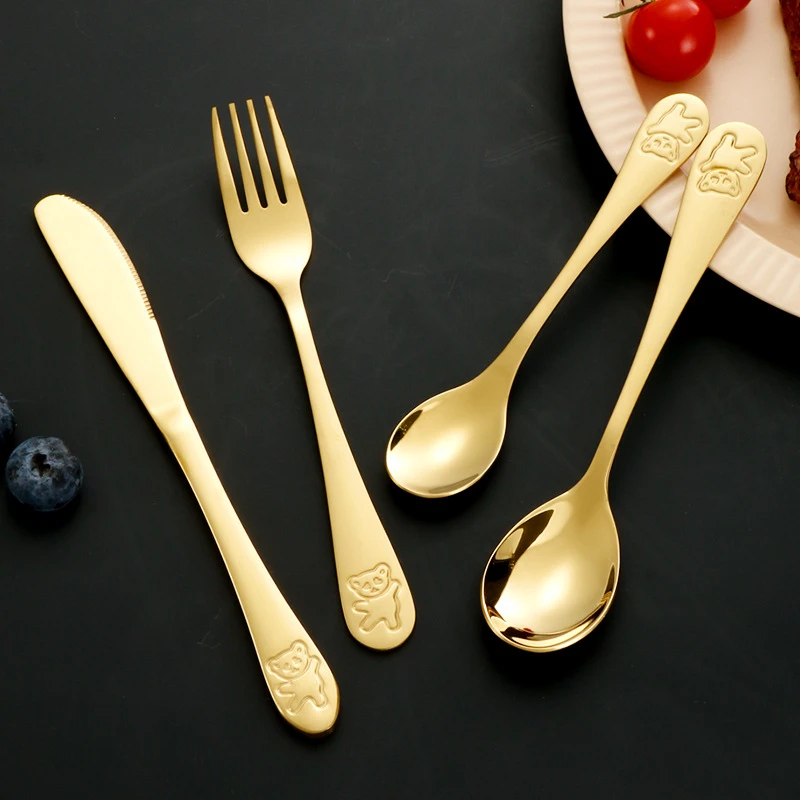 Golden Cartoon Bear Cutlery Set for Children Western Cute Stainless Steel Spoon Knife Fork Teaspoon Dinnerware Set Tableware