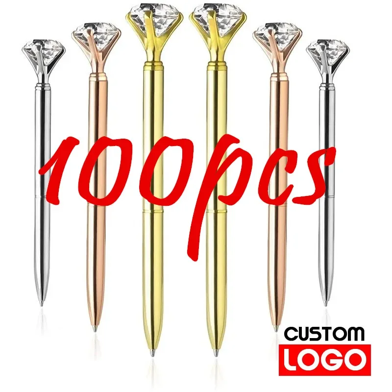 100 Pcs/lot Big Crystal Diamond Metal Ballpoint Pen Ring Wedding Office Gift Roller Ball Pens Black Blue Ink Free