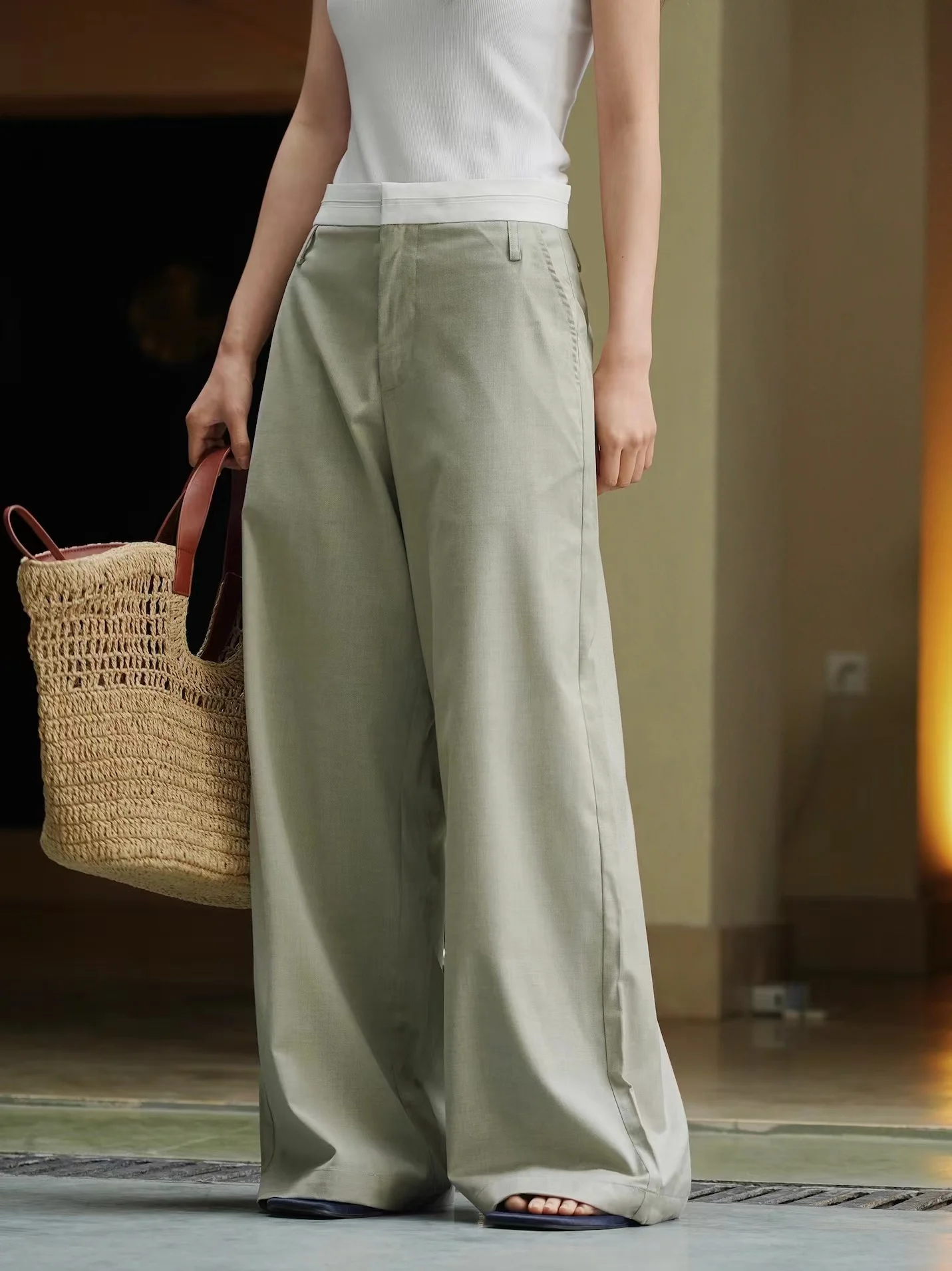 

Spring and Summer Women's Casual Solid Color High Waist Loose Wide Leg Pants