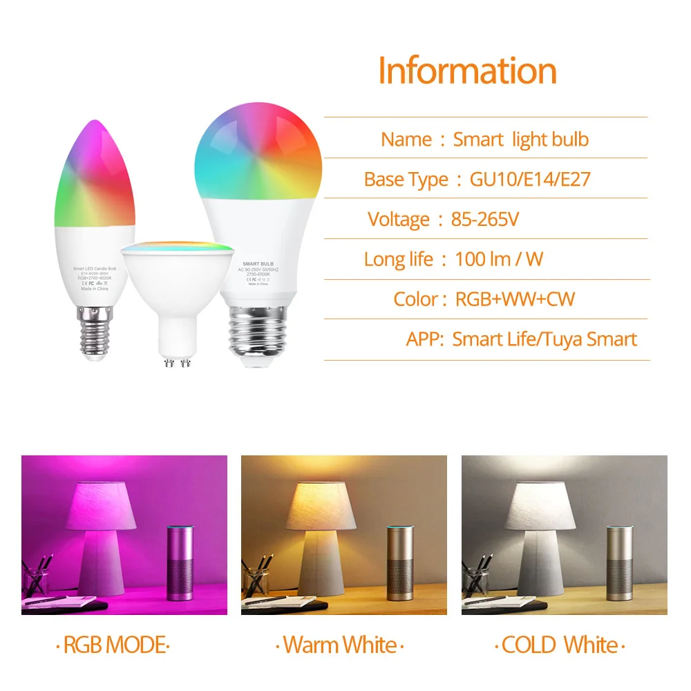 15W Smart Bulb Wifi Zigbee E27 GU10 E14 RGB+WW+CW Colorful Smart Home Led Light Lamp Tuya App Voice Control by Alexa Google Home