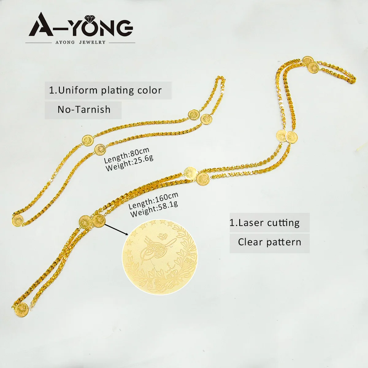 Luxuriöse arabische lange Halskette 21 Karat vergoldet 80 cm 160 cm italienische Vintage-Ketten Dubai muslimische Frauen Hochzeit Party Schmuck Geschenke – Detail 7