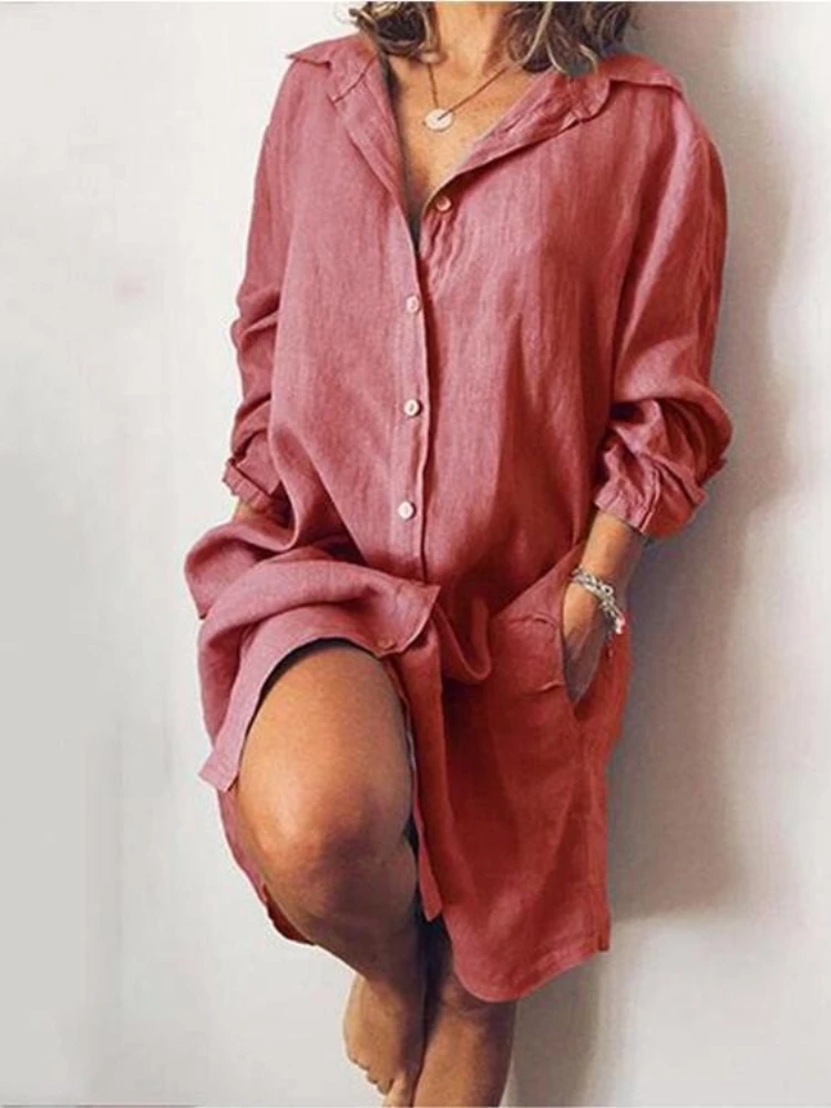 2024 Autumn Fashion New Elegant Cotton and Hemp Women's Dress Elegant Commuting Style Flip Collar Single Breasted Elegant Dress 5