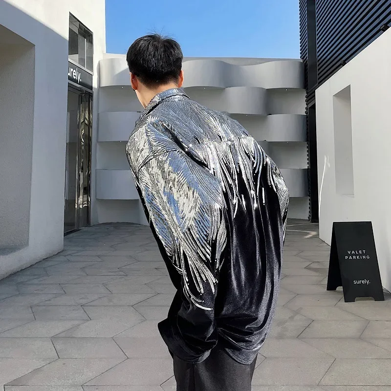 2023 Embroidery Sequin Velvet Fashionable Temperament Men's Long Sleeve Shirts Lapel Personal Design Oversized Tops 9Y6658