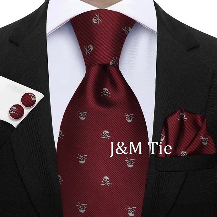 Elegante Krawatten für Männer, Geschenk, modisches Herren-Krawatten-Set, Totenkopf-Druck, Krawatte, Taschentuch, Manschettenknöpfe, 3-teilig, Business-Hochzeitsanzug-Accessoires – Detail 5