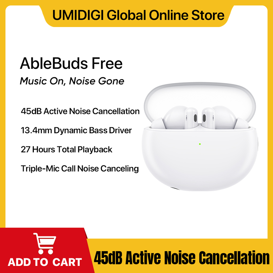 UMIDIGI-AbleBudsFree TWS Wireless Earphone Bluetooth 5.2 Active Noise Cancelling Music and Sports Headphone 27H Playtime 45dB