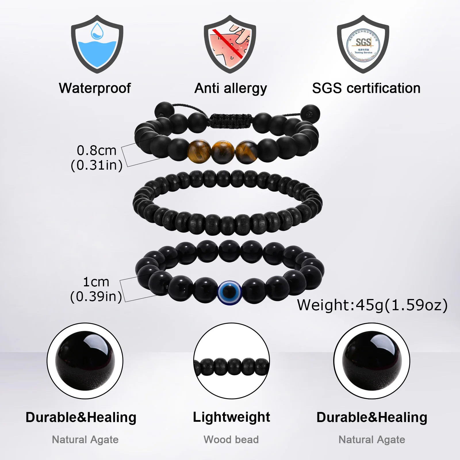 3pcs Black Beaded Bracelet for Men,Natural Agate Wooden Bead Wristband,Punk Stacked Bead Bracelet Gift