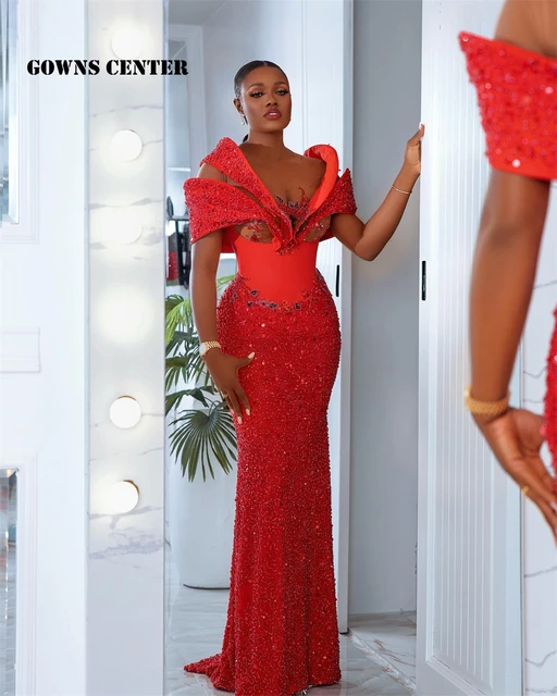 Nigerian African Aso Ebi Evening Dresses Red Mermaid Beading Lace Prom  Dress Long Sleeves Luxury Black