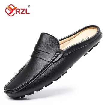 YRZL Loafers Summer Slip on Half Shoes for Men Leather Slippers Casual Breathable Comfy Loafers Moccasins Brown Black Beige 1