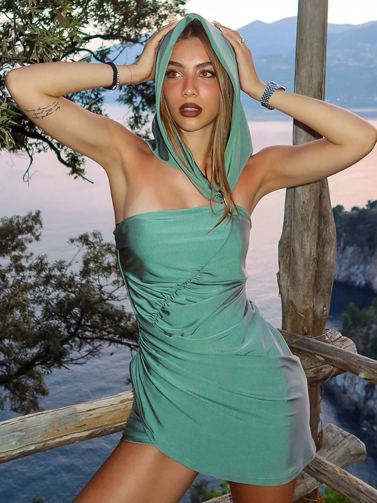 

Bolopi Hooded Sleeveless Mini Dress 2023 Summer Women Solid Patchwork Elegant Party Club Y2K Outfits Streetwear