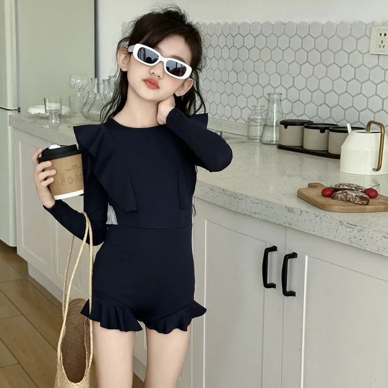 Girls Swimwear 2025 Ins Summer Simple Solid Hollow Out Long Sleeve Sunscreen Children Girls Swimsuit Kids Girls Swimwears
