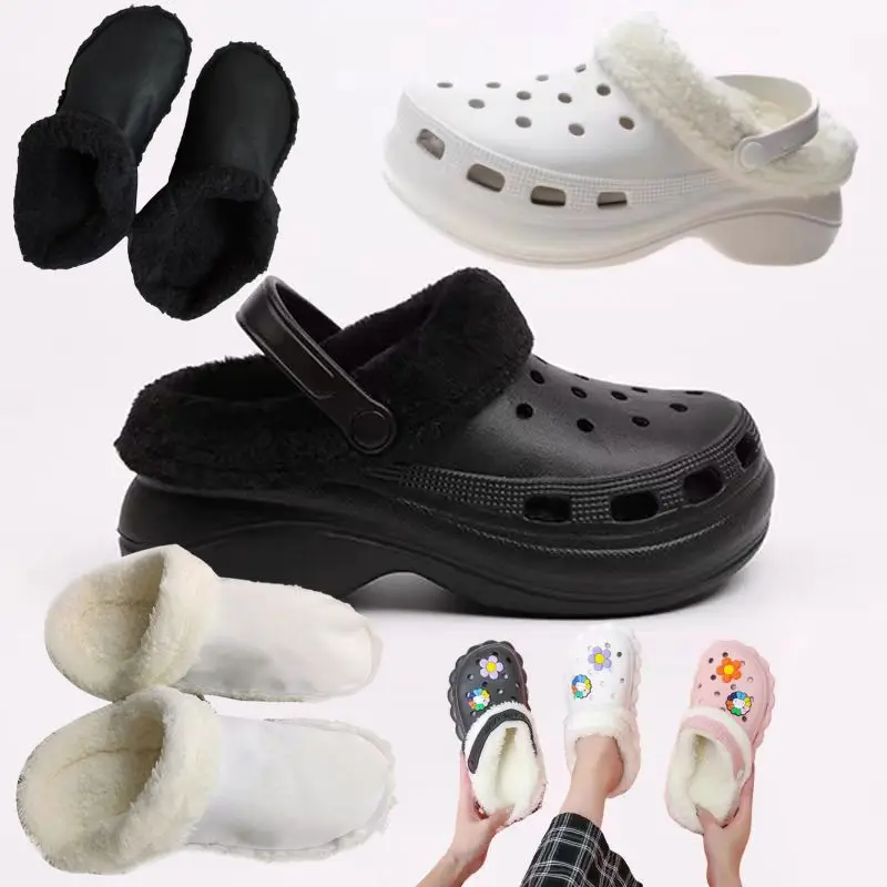 Plus Size Winter Warm Shoe Cover For Crocs Hole Shoes Women Men Plush Insoles Shoe Charm Thickened Shoes Cover Accessories