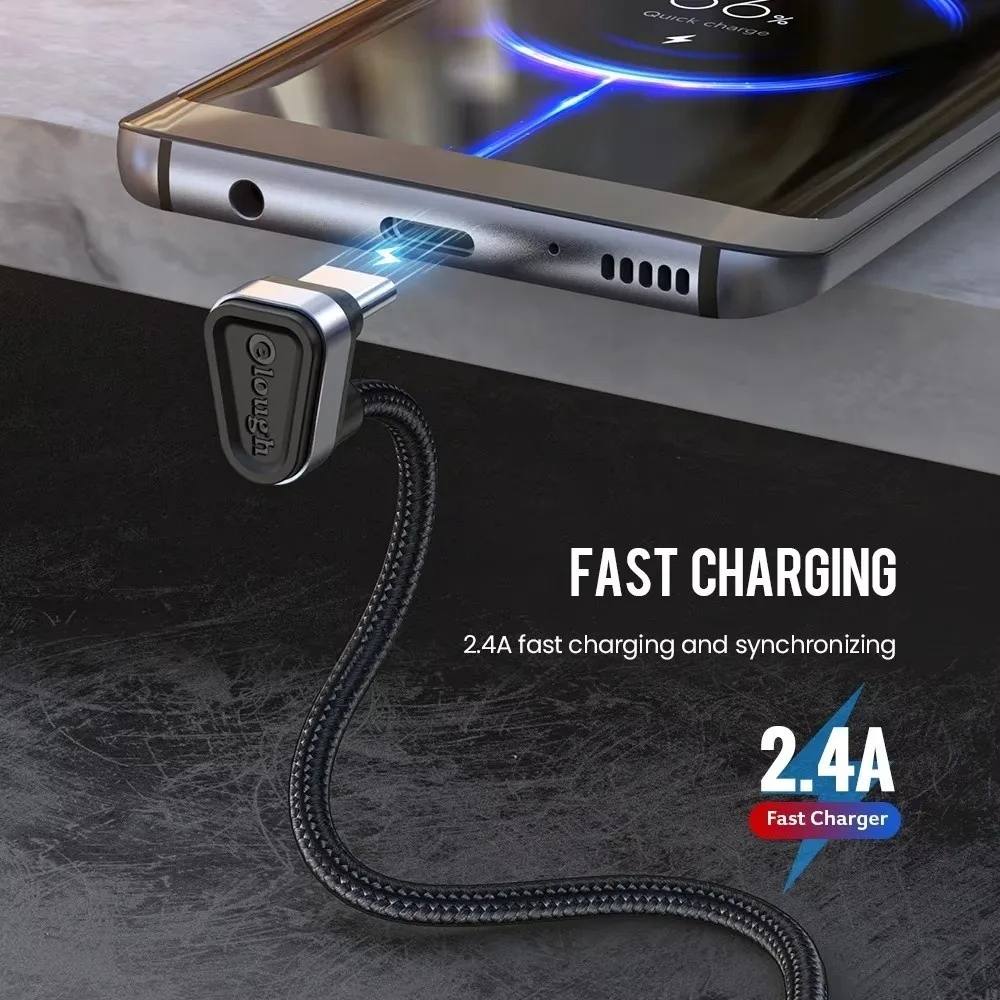 2.4A Fast Charging USB Type C Cable 90 Degree Elbow Fast Phone Charging Data Cord 180 Degree Angle Games Charge Wire for Redmi 5