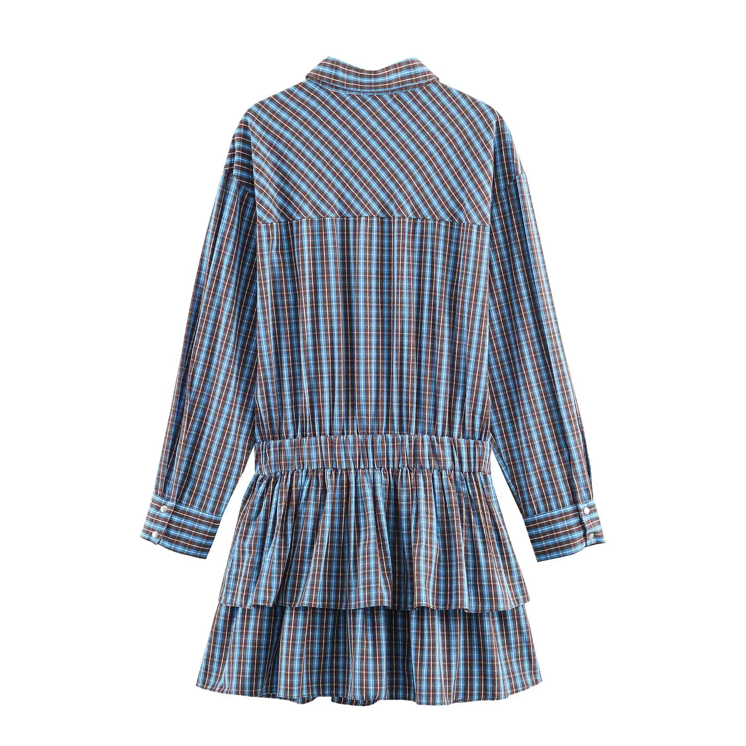 HH Damen Frühjahrsmode Bequemes Langarm-Kleid mit Revers und Gürtel Kariertes Mehrlagiges Dekorationskleid Lässiges Pendler-Kleid – Detail 3