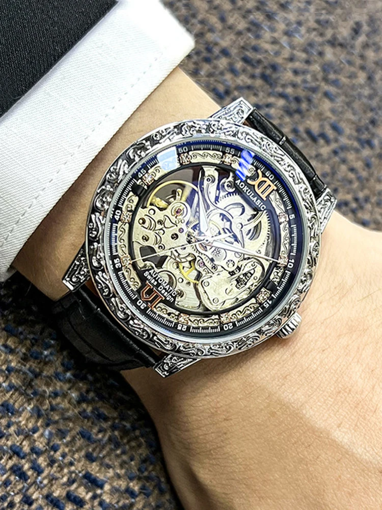 Vintage Engraved Bezel Luxury Luminous Automatic Mechanical Watches Men Leather Waterproof Top Brand Skeleton Watch Relogio