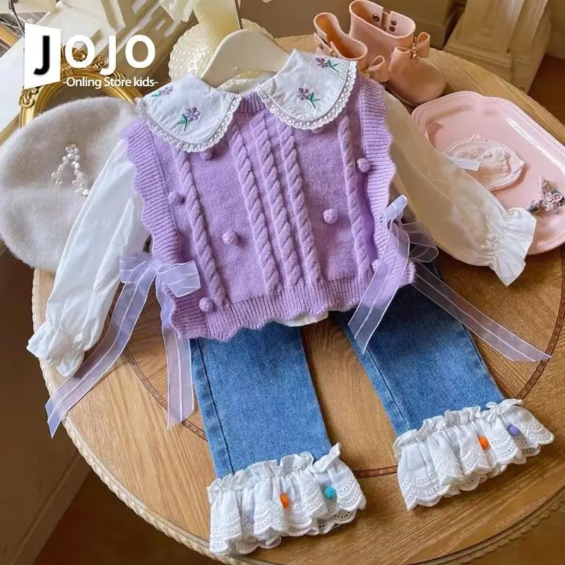 

Elegance Spring Autumn Childent Coat Thick Warm Girl Knit Sweet Pullover Vest+Embroidered Shirt +Jeans 3Pcs Princess Cotton Suit