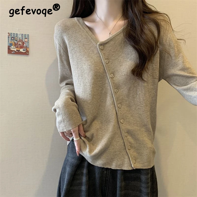 

Korean Simple Style V Neck Button Irregular Loose Solid Basic T Shirt Women Spring Autumn Casual Long Sleeve Top Female Clothing