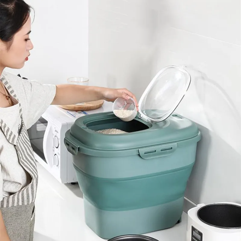 

Foldable Food Storage Container Rice Bucket Large Capacity Cereal Dispenser Sealed Moistureproof Pet Food Organizer Kitchen Item